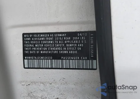 2012 Volkswagen Gti 4-Door z USA, uszkodzony, nr VIN WVWHD7AJ2CW324222